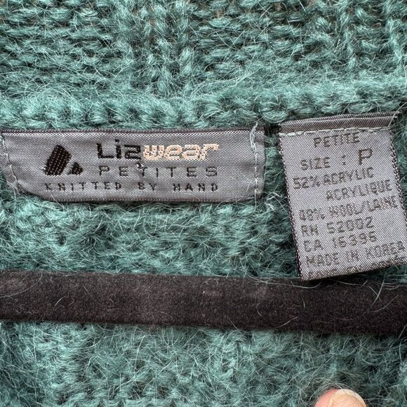 Lizwear Vintage 80s 90s Hand-Knitted Teal Wool Blend Cable‎ Knit Crop Sweater SP - Picture 2 of 11